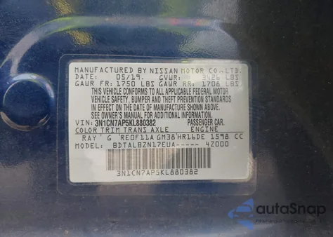 2019 Nissan Versa 1.6 Sv z USA, uszkodzony, nr VIN 3N1CN7AP5KL880382